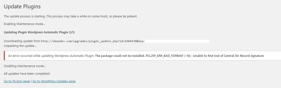 The WordPress update error PCLZIP_ERR_BAD_FORMAT
