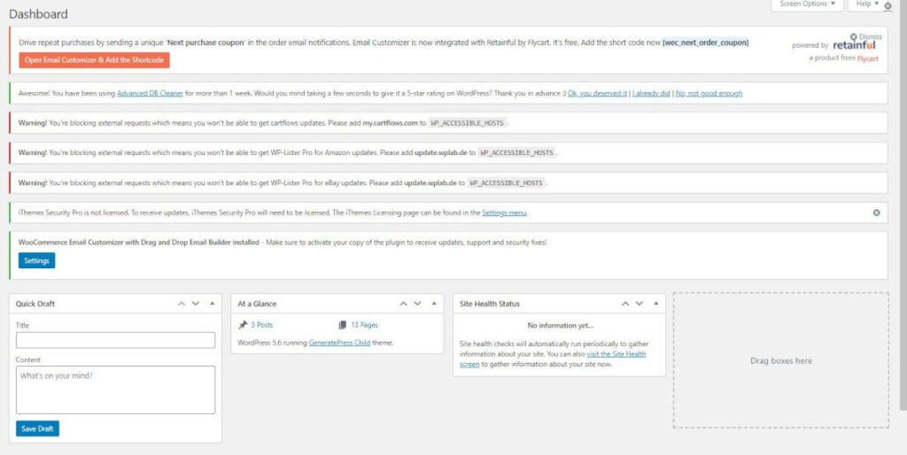 A WordPress dashboard buried under license activation notices