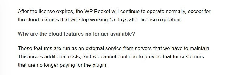 Screenshot of the WP Rocket knowledge base page stating the plugin continues to work normally after a license expires